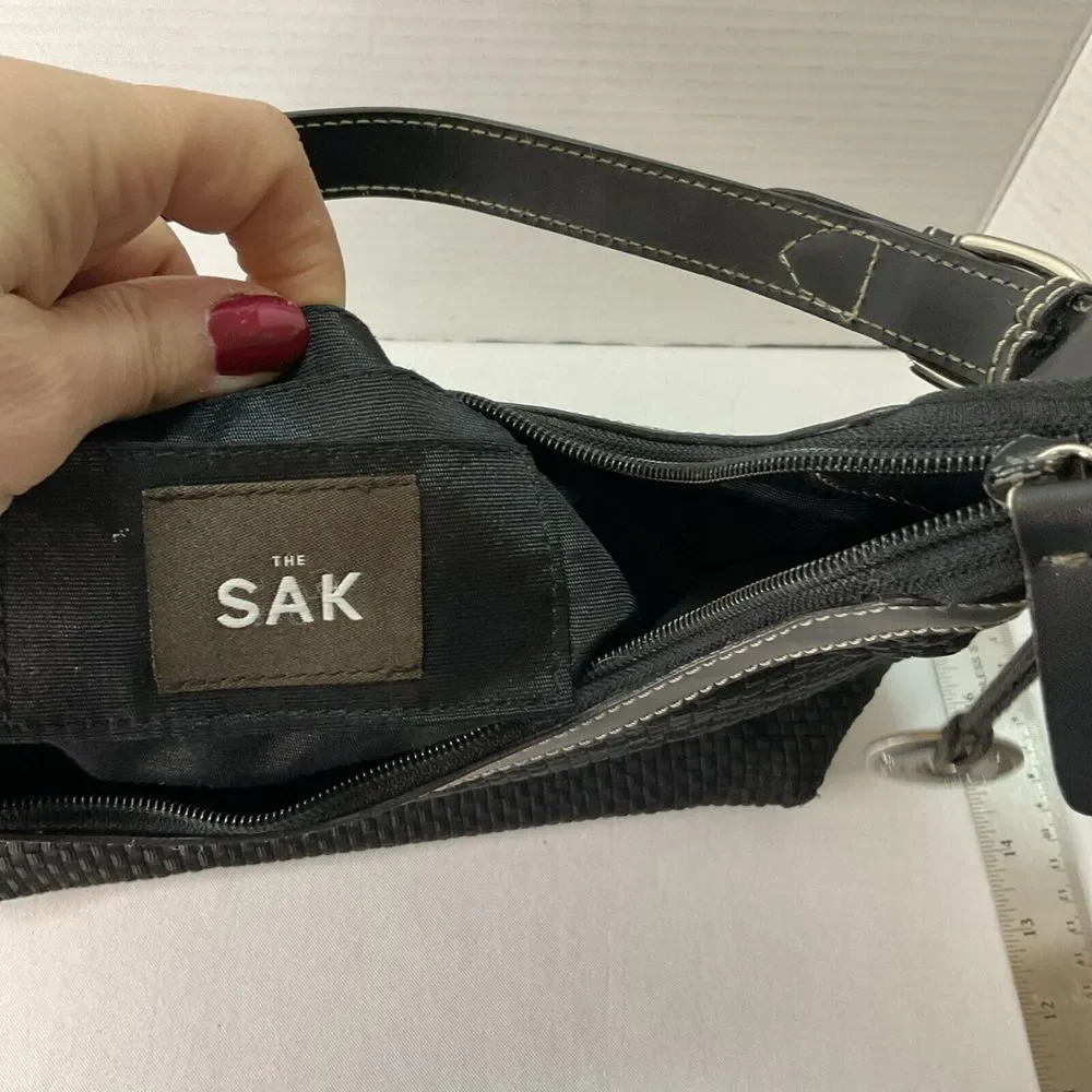 Vintage The‎ SAK Black Crochet Woven Leather Trim Hobo Shoulder Bag Purse